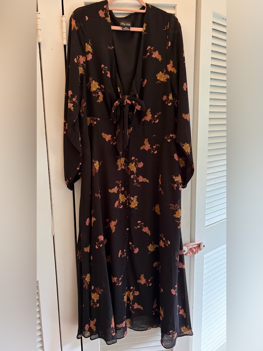 City Chic Black Maxi Dress with Pinkish Rust & Mustard Floral Print